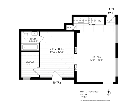 Floor plan for 1 bed, 1 bath, 425 sqft